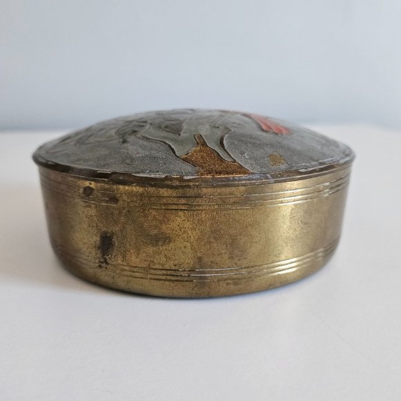 Horizon Enamel Bird and Gold Brass Round Trinket Box Made in India - Picture 3 of 7